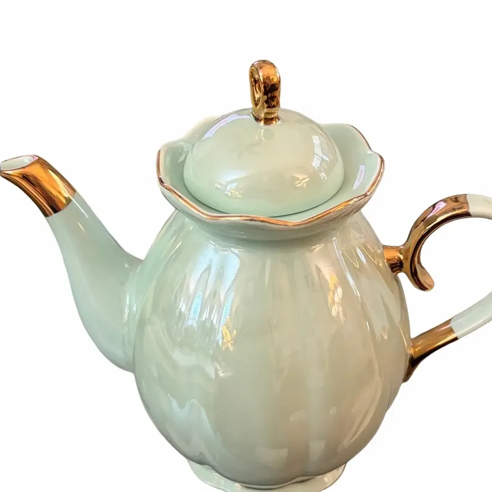 Graces Tea ware Pearlescent Mint Green gold gilding Porcelain 40oz 4-6 cups.